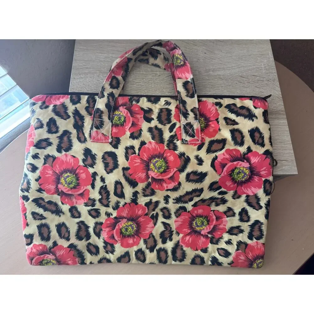 Handmade Cotton Tote Bag with Floral Leopard Print